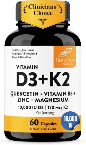 Sandhu's Vitamina D3 K2 Magnesio 10000 IU, 120mcg K2 Cápsulas 60 unidades (paquete de 1) | con VIT B6, zinc y quercetina | D3K2 apoya la absorción