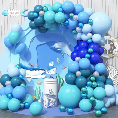 Miniatura 11 de Kit de arco de globos azules, kit de guirnalda de arco de globos azul marino y blanco con globos de confeti azul claro azul cromado, globos azules