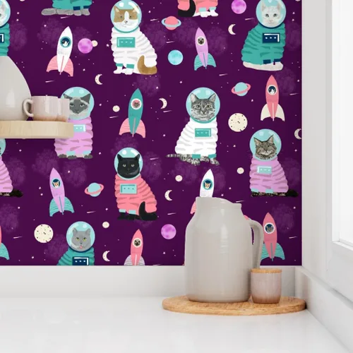 Miniatura 8 de Muestro de papel tapiz extraíble – Gatos espaciales Gato lindo gatito gatito púrpura mascota Retrato personalizado pre-pegado papel pintado por