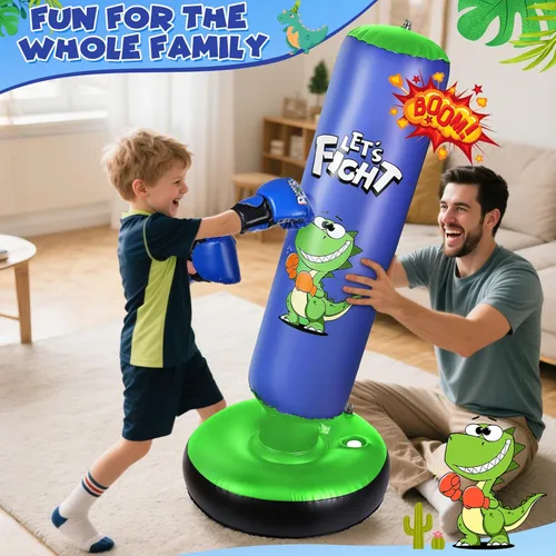 Miniatura 6 de Bolsa de boxeo inflable, bolsa de boxeo de 48" para niños con guantes de boxeo, juego de boxeo estable para karate, taekwondo, juguete de dinosaurio