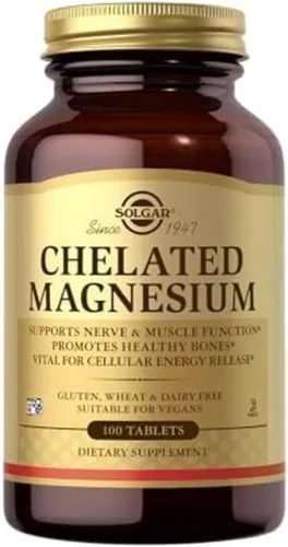 Solgar Magnesio quelatado, 100 tabletas, soporta la función nerviosa y muscular, sin OMG, vegano, sin gluten, sin lácteos, Kosher - 25 porciones