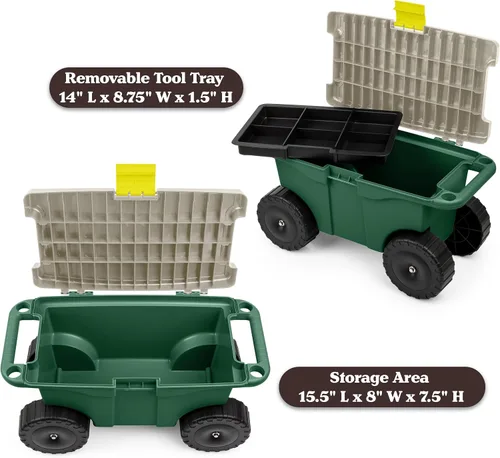 Miniatura 7 de Pure Garden - Carrito de jardín rodante con asiento, almacenamiento de plástico con banco y bandeja interior de herramientas, taburete de jardinería
