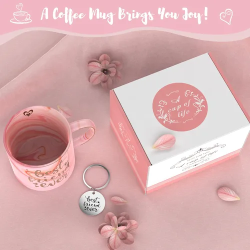 Miniatura 2 de Regalos para mejores amigas para mujeres, taza de café de mármol de cerámica rosa de 11.5 onzas con llavero - BFF Friend Ever - Regalos divertidos