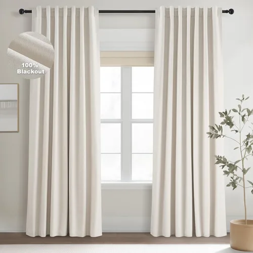 Miniatura 50 de Topfinel Cortinas opacas, blanco beige, 2 paneles, ventanas pequeñas, textura, mezcla de lino, bohemia, abedul, rural, gancho, bolsillo trasero