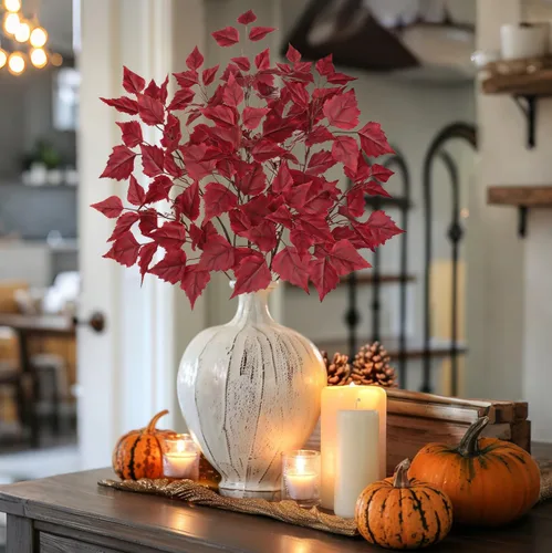 Miniatura 5 de Hollyone 3 hojas de abedul artificiales de otoño con tallos de seda de 33 pulgadas, ramas de hojas de otoño de color burdeos sintético, decoración