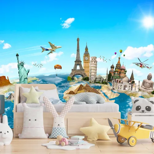 Miniatura 2 de Bormia Mural - Papel tapiz con mapa de viaje en globo, famoso lugar de interés en todo el mundo, mural de pared para sala de estar y dormitorio