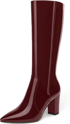 Miniatura 113 de AMBELIGHT Botas altas hasta la rodilla con cremallera y puntera puntiaguda para mujer, de patente sólida, tacón alto, 3.3 pulgadas