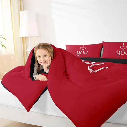 Miniatura 5 de Juego de edredón de San Valentín para parejas, juegos de ropa de cama rojo y blanco para niños, niñas, adolescentes, con texto en inglés "I Love