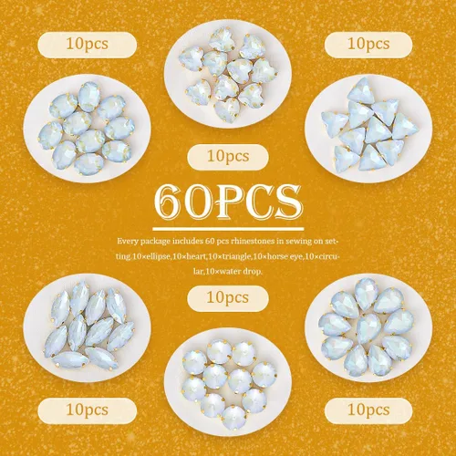 Miniatura 5 de TANOSII 60 diamantes de imitación para coser con formas mixtas, gemas de cristal con parte trasera plana mental con garra dorada para joyas, Azul