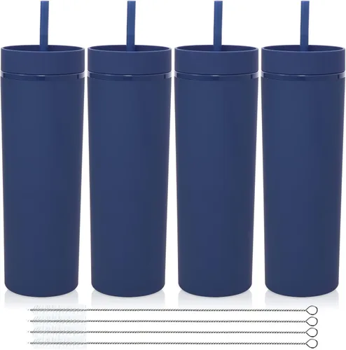 Miniatura 19 de Volhoply Paquete a granel de 4 vasos delgados de plástico de 20 onzas, vaso de doble pared con tapa y popote, taza reutilizable de viaje para café