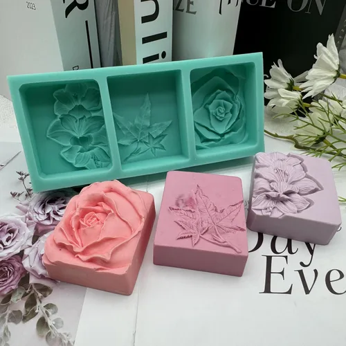 Miniatura 3 de Molde de jabón de flores de 3 cavidades, molde de silicona para hacer jabón natural, molde de cera para velas decoradas, moldes de resina para Molde