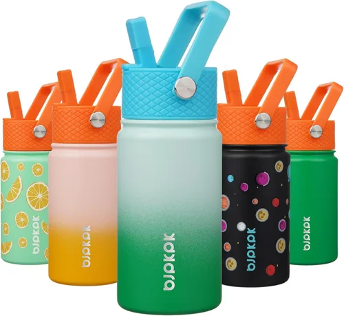 Miniatura 76 de BJPKPK Botella de agua aislada con tapa con pajilla, bonitas botellas de agua de 15 onzas, termo de metal de acero inoxidable, vasos reutilizables