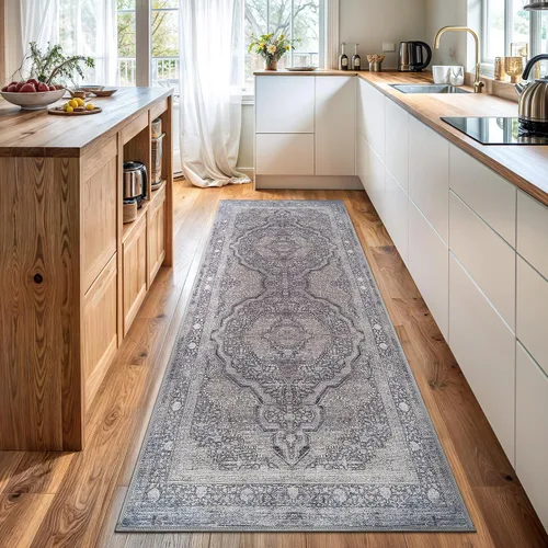 Bloom Rugs Camino de medallón tradicional lavable antideslizante de 7 pies – azul/gris acero/beige para entrada, pasillo, baño y cocina, tamaño