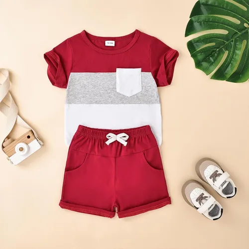 Miniatura 55 de Ropa para bebé niño pequeño, trajes de verano de manga corta, camiseta de retazos y pantalón con bolsillo, conjunto de 2 piezas, 12 meses a 4 años
