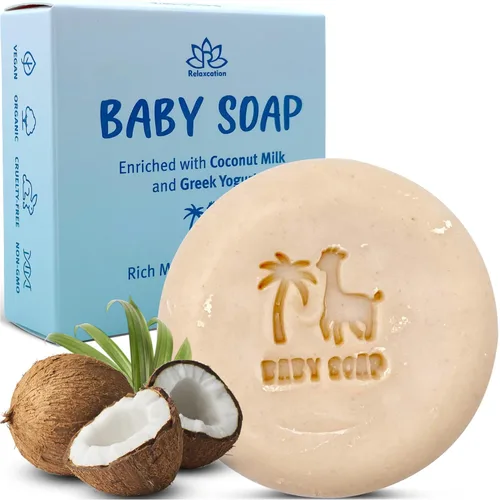 Relaxcation Barra de jabón orgánica para bebés con yogur griego y leche de coco, procesada naturalmente en frío a partir de ingredientes orgánicos,