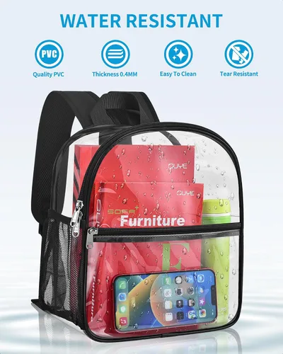 Miniatura 4 de Mini mochila transparente aprobada para estadios con correa ajustable, impermeable, transparente, PVC para trabajo, viajes, conciertos, playa