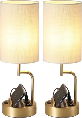 Miniatura 12 de Dreamholder - 2 lámparas de mesa con 3 puertos de carga USB, moderna lámpara de escritorio con toma de corriente alterna y soportes para teléfono