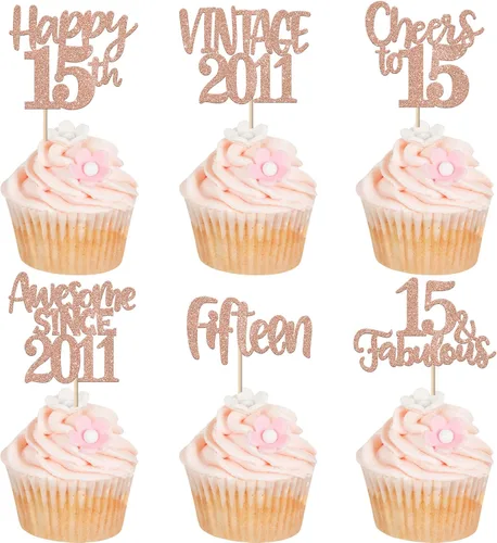 Miniatura 32 de Rsstarxi Paquete de 24 adornos para cupcakes vintage 2019 con purpurina negra para 5º cumpleaños, saludos a 5, cinco, 5, 5 fabulosos para cupcakes