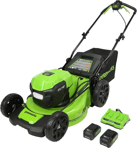 Greenworks Cortacésped inalámbrico sin escobillas de 48 V (24 V x 2) de 21 pulgadas (autopropulsado) (faro LED), (2) baterías de 5.0Ah y cargador