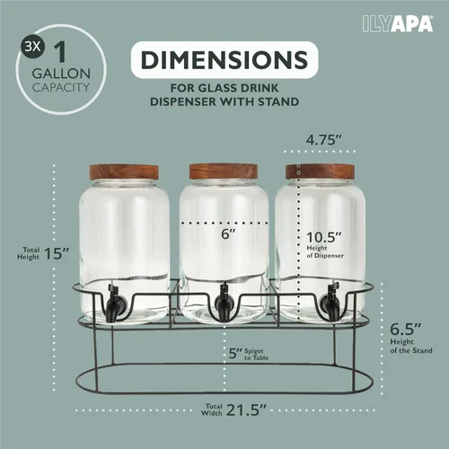 Miniatura 2 de Ilyapa Dispensador de bebidas de vidrio para fiestas - paquete de 3, dispensador triple de bebidas múltiples de 1 galón con soporte, tapas de madera