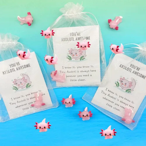 Miniatura 4 de 90 piezas de regalo inspirador mini ajolote de resina con regalo de agradecimiento, tarjetas de animación, bolsas de regalo de organza blanca