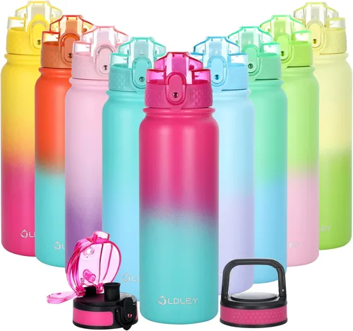 Miniatura 32 de Oldley Botella de Agua Aislada con Pajilla de 20oz, Botellas de Agua de Acero Inoxidable con 3 Tapas, Aislamiento al Vacío de Doble Pared Térmica