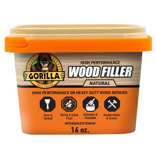 GORILLA Masilla para Madera Multiusos, Acabado Natural, Tubo de 16 Onzas (Paquete de 1) - Resistente al Agua para Proyectos y Reparaciones de