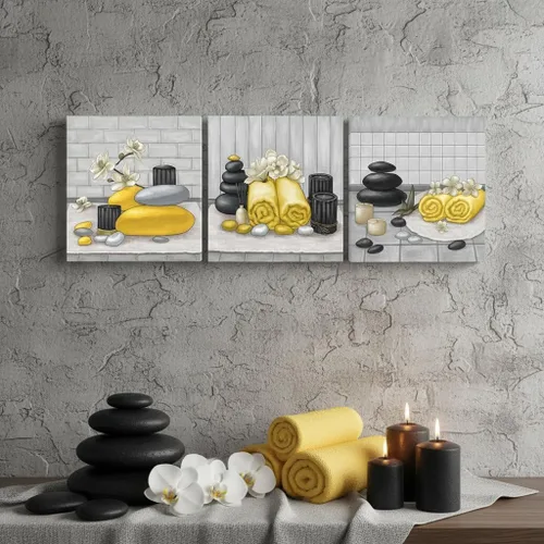 Miniatura 2 de RnnJoile Arte de pared de lienzo para spa con piedra Zen y orquídea, pintura de estilo bodegón amarillo, impresiones para decoración de baño