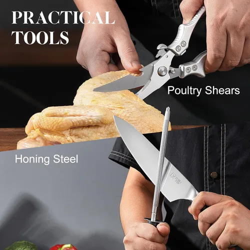 Miniatura 6 de Juego de cuchillos de chef, cuchillo de deshuesado y carnado, cuchillo de carnicero, cuchillo Nakiri de acero de alto carbono de Japón, juego
