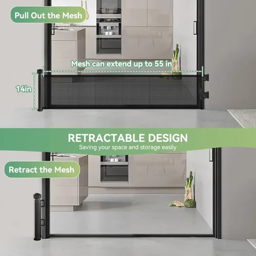 Miniatura 7 de Puerta corta para perro, puertas retráctiles para perros de 14 pulgadas de alto, puerta retráctil de malla para mascotas, extendida hasta 55