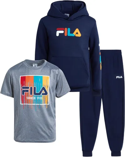 Fila Conjunto deportivo deportivo para niños, sudadera con capucha de rendimiento de 3 piezas, pantalones deportivos, camiseta - Conjunto de ropa