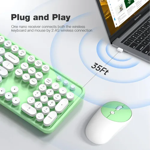 Miniatura 45 de KNOWSQT Combo de teclado y ratón inalámbrico, teclados lindos de tamaño completo estilo máquina de escribir 2.4G azul colorido - receptor USB Plug