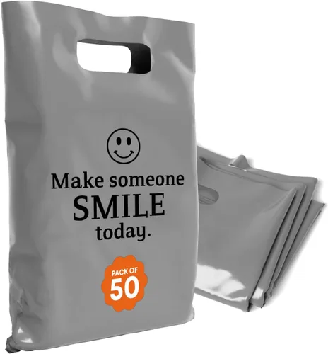 Miniatura 50 de Bolsas de plástico con asas – Bolsas de mercancía de 12 x 15 pulgadas para pequeñas empresas – Bolsas troqueladas para compras minoristas y Negro