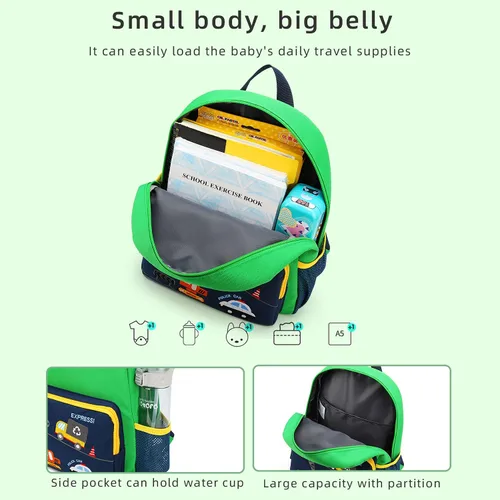 Miniatura 4 de willikiva Mochila infantil de dinosaurio para niños y niñas, bolsa preescolar impermeable (autobús verde)