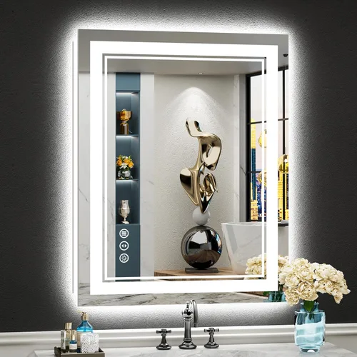 Miniatura 46 de 30x36 Espejo de baño LED con luces, retroiluminado y luz frontal, espejo de tocador iluminado antivaho para pared de baño, 3 colores, regulable