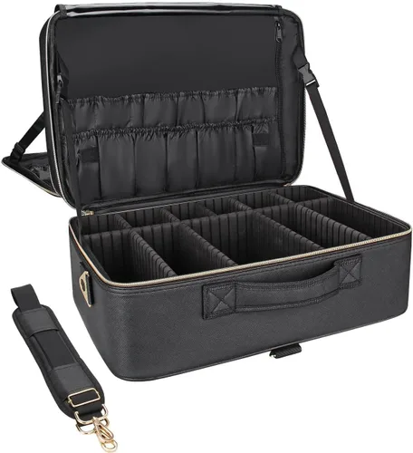 Miniatura 15 de Organizador profesional de cosméticos Travelmall, estuche de formación, de 3 capas, multifunción, en negro, caja artística para cosméticos, cepillos