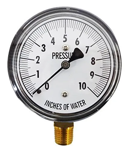 KC25-10" H20 Medidor de baja presión, 0-10 IWC, seco, 2-1-2% de precisión, 1/4" NPT montaje inferior de latón, Caja de acero cromado
