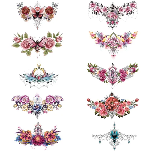 Miniatura 4 de Glaryyears Tatuaje temporal debajo del pecho para mujer, paquete de 10 tatuajes realistas florales grandes, calcomanías creativas de larga duración