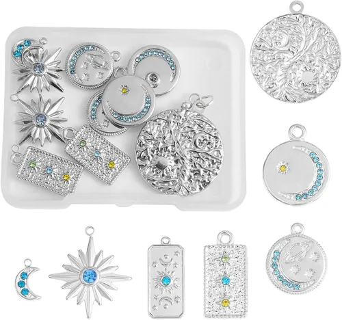 14 dijes de estrella de luna 304 de acero inoxidable con diamantes de imitación colgantes para manualidades, joyas, collares, aretes, suministros