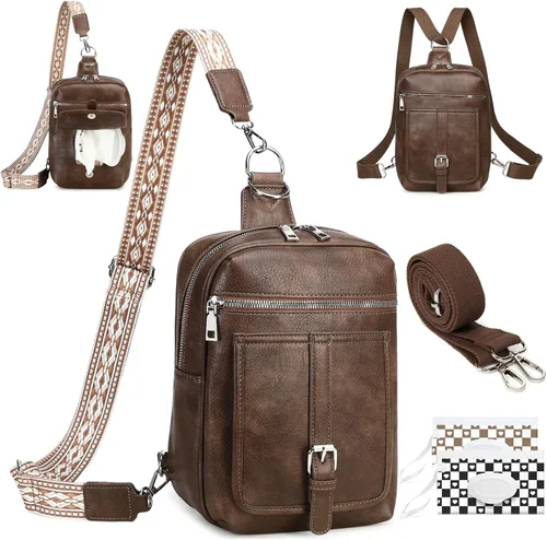 Bolso Bandolera Mochila Cruzada - 2 en 1 Bolso Cruzado de Cuero Riñonera con 2 Correas Extraíbles | Mini diaper bag Café