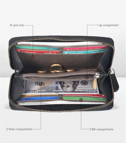 Miniatura 2 de Oak Leathers Cartera de cuero para mujer – Cartera Clutch RFID para mujer con 8 portadores de tarjetas de crédito, bolsillo para monedas, regalo