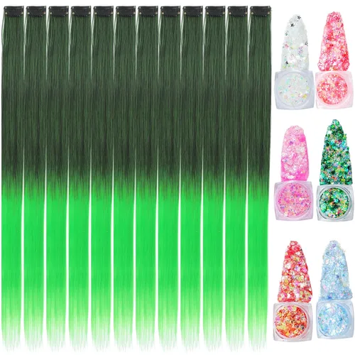Miniatura 14 de Extensiones de cabello de colores, extensión de cabello liso con clip de 22 pulgadas, extensiones de cabello con brillantina multicolor arcoíris
