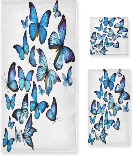 ALAZA Juego de 3 toallas de baño con diseño de mariposas azules, 1 toalla de baño, 1 toalla de mano, 1 toallita suave, multiusos, para baño, hotel,