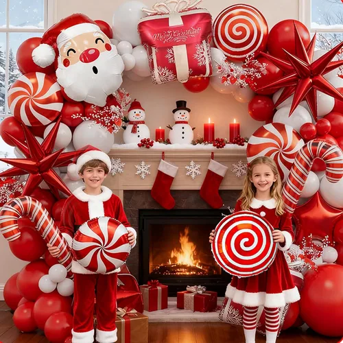 Miniatura 6 de Kit de guirnalda de globos de Navidad en forma de arco con globos rojos y blancos, caramelo, bastón, estrella, estrella de explosión, caja