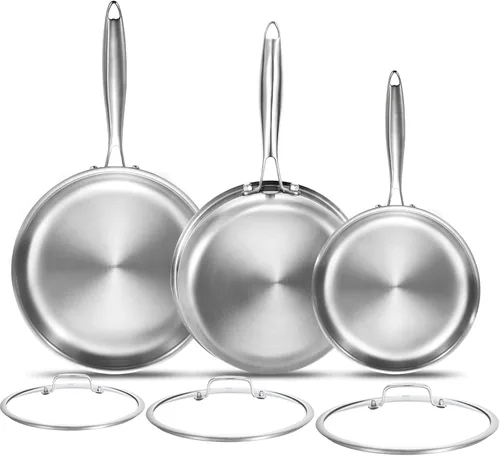 Miniatura 10 de DELARLO Sartén de acero inoxidable de tres capas de 10 pulgadas y 12 pulgadas, sartén apta para horno y de inducción, juego de ollas y sartenes
