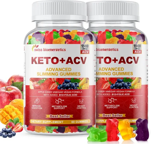 Paquete de 2 gomitas Keto de vinagre de sidra de manzana, suplemento de dieta de gomitas Keto ACV, gomitas avanzadas de 1500 mg ACV con folato, B12,