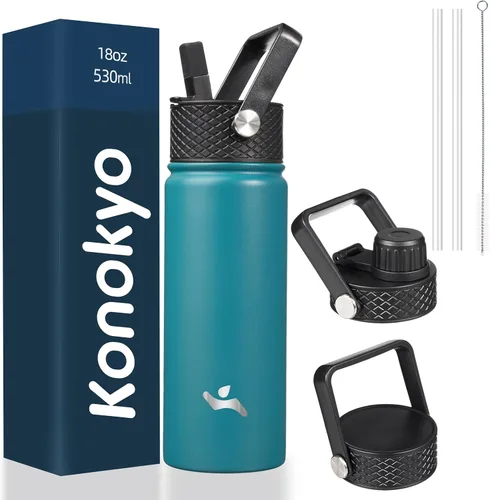 Miniatura 112 de Konokyo - Botella de agua aislada de 18 onzas, botellas deportivas de acero inoxidable con 3 tapas, verde militar