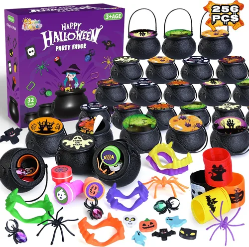 SpringFlower 240 piezas de recuerdos de fiesta de Halloween, paquete de 30 caldero de bruja pequeño de plástico precargado, juguetes de Halloween a