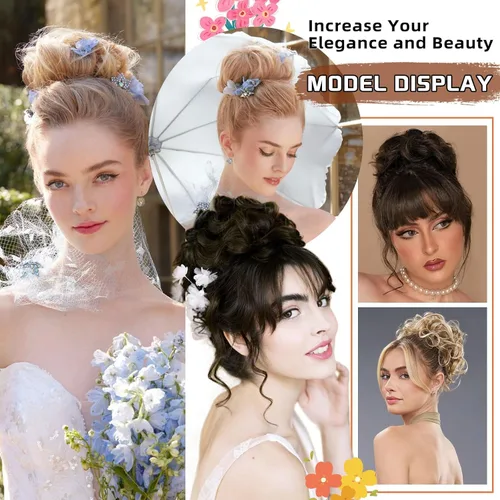 Miniatura 6 de MORICA - 1 pieza de extensiones de cabello sintético tipo moño desordenado, rizado y ondulado para mujeres (rubio cenizo y rubio más claro)