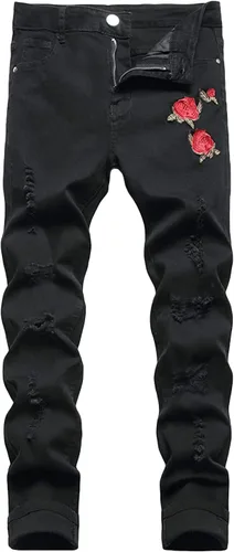 Baylvn Pantalones de mezclilla para hombre, rasgados, desgastados, rectos, ajustados, casuales, a la moda